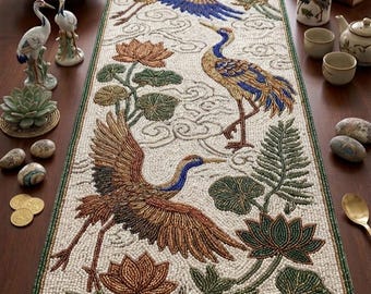 Handmade Beaded Crane Lotus Table Runner – Oriental Botanical Home Decor