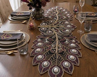 Handmade Beaded Peacock Feather Table Runner, Pearl Embellished Dining Decor 13x36