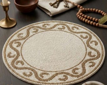 Beaded Round Placemat – Neutral Swirl Embroidery, Farmhouse Dining Table Decor
