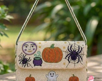 Ręcznie robiona torebka na ramię z koralikami na Halloween, torebka z dyni, torebka z upiornym pająkiem, torebka na ramię na Halloween, prezent na jesień dla niej
