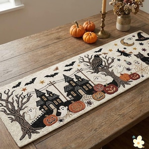 Runner da tavola di Halloween con perline 13x36, decorazione a tema casa stregata, fantasmi e zucche, runner da tavola spettrale fatto a mano, decorazione autunnale gotica