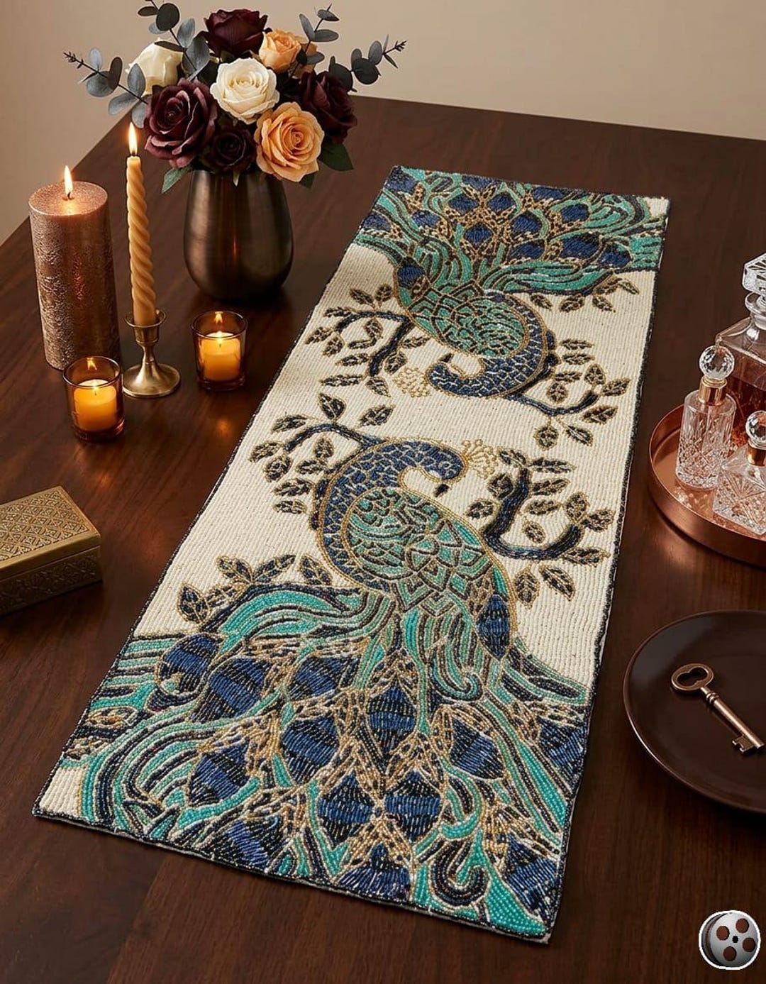 Handmade Beaded Peacock Table Runner 13x36, Luxury Floral Dining Table ...