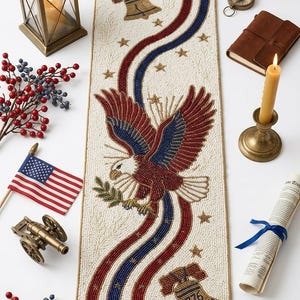 Handmade Beaded Table Runner | Patriotic Eagle, 1776 Bells, USA Decoration