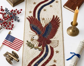 Handmade Beaded Table Runner | Patriotic Eagle, 1776 Bells, USA Decoration