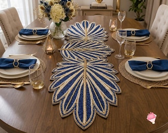 Handmade Beaded Leaf Table Runner 13x36, Blue Floral Glass Bead Table Decoration