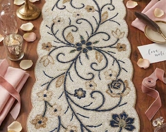 Handmade Beaded Floral Table Runner 13x36, Blue Gold Ivory Linen Centerpiece