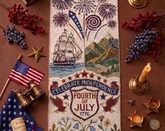 Fourth of July Beaded Table Runner 13x36 Inches, Patriotic USA Handmade Table Decoration, Freedom Shield Dining Runner, Independence Day