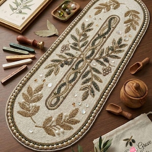 Puede incluir: Un camino de mesa ovalado con intrincados abalorios en crema, oro y verde oliva. El diseño muestra ramas y hojas de olivo estilizadas, bordeadas por una hilera de pequeñas perlas blancas. El camino está rodeado de sellos de cera, una pala de madera, un pequeño tarro de madera y una bolsa de tela con la etiqueta The Olive Grove Beaded Textiles.