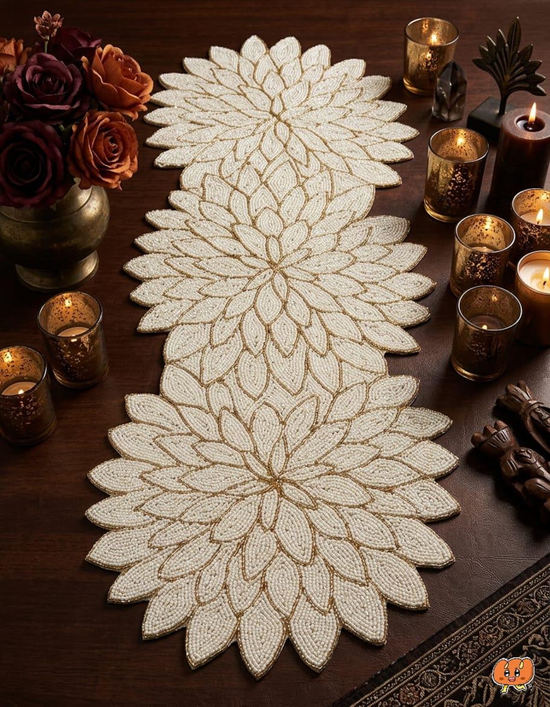 Handmade Beaded Table Runner, Ivory Gold Floral Design, Elegant Table ...