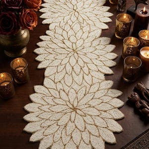 Handmade Beaded Table Runner, Ivory Gold Floral Design, Elegant Table Linen Decoration