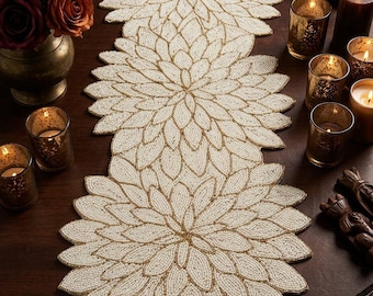 Handmade Beaded Table Runner, Ivory Gold Floral Design, Elegant Table Linen Decoration