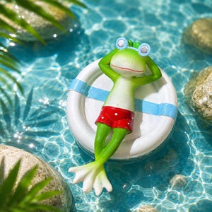 May include: A green frog figurine wearing red swim trunks with white polka dots and blue goggles, resting on a white life preserver ring with blue stripes. The frog has its arms behind its head and is wearing white flippers on its feet.