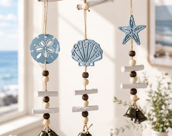 Nautical Sailboat Wind Chime with Starfish & Seashells, Coastal Wooden Hanging Decor with Bell Chimes, Beach Bathroom Porch Patio Ornament