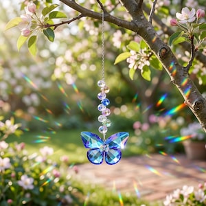 May include: A hanging crystal suncatcher featuring a blue butterfly-shaped prism suspended from a silver-toned metal chain. The chain is adorned with a series of clear, faceted spherical beads that reflect light, creating colourful rainbow prisms.
