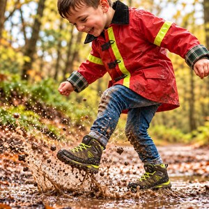 May include: A bright red jacket with yellow reflective stripes and a black collar, worn with blue denim jeans and olive green hiking boots with neon yellow laces, while splashing through a muddy puddle in a wooded area.