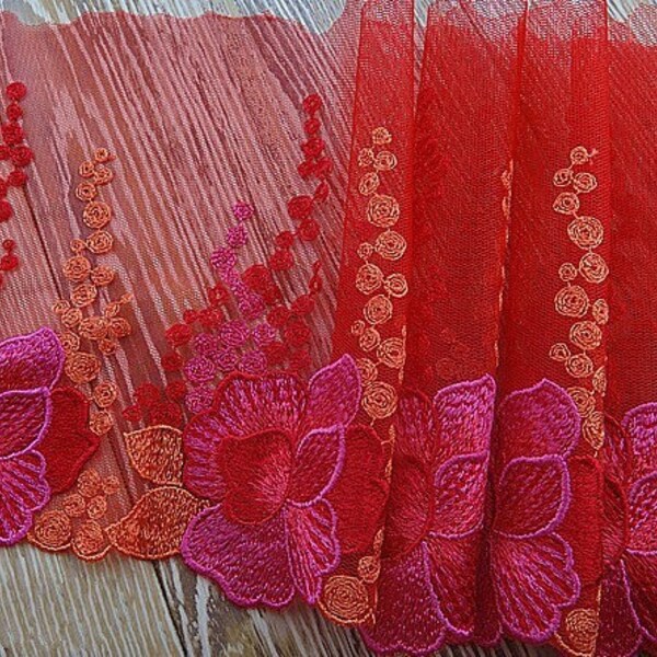 Lace trim Red Mesh Floral Lace Embroidered Lace Rosette Wedding Dress DIY Handmade Accessory 7.87 inches wide 2yards A0717