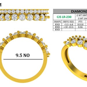 May include: A gold ring with a double row of round, clear gemstones. The ring's band is a bright gold color. The ring's dimensions are 4.4 mm wide and 2.1 mm thick. The ring size is 9.5.