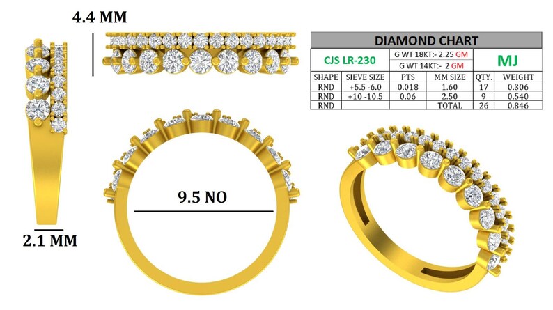 May include: A gold ring with a double row of round, clear gemstones. The ring's band is a bright gold color. The ring's dimensions are 4.4 mm wide and 2.1 mm thick. The ring size is 9.5.