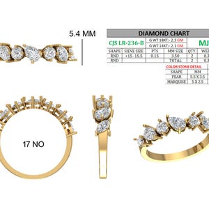 May include: A gold ring with a series of diamonds, including round, pear, and marquise cuts. The ring's width is 5.4 mm. The diamond chart details the weight and size of the stones. The ring is labeled "CJS LR-236-B" and "17 NO".