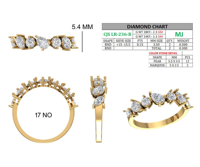 May include: A gold ring with a series of diamonds, including round, pear, and marquise cuts. The ring's width is 5.4 mm. The diamond chart details the weight and size of the stones. The ring is labeled "CJS LR-236-B" and "17 NO".