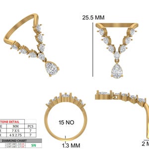 May include: A gold ring with a unique design, featuring a series of pear-shaped diamonds. The ring has a central pendant with a larger pear-shaped diamond. The ring's width is 1.3 mm, and the pendant is 25.5 mm long.