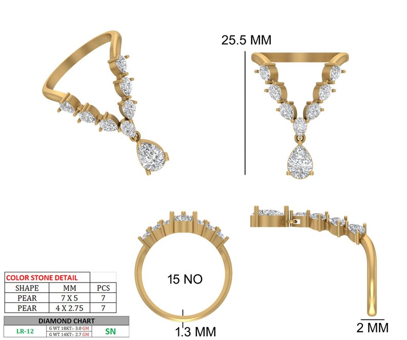 May include: A gold ring with a unique design, featuring a series of pear-shaped diamonds. The ring has a central pendant with a larger pear-shaped diamond. The ring's width is 1.3 mm, and the pendant is 25.5 mm long.