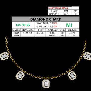 May include: A gold necklace with five radiant-cut diamond pendants. Each diamond is set in a rectangular frame. The necklace is displayed against a black background, with diamond chart details in the image.