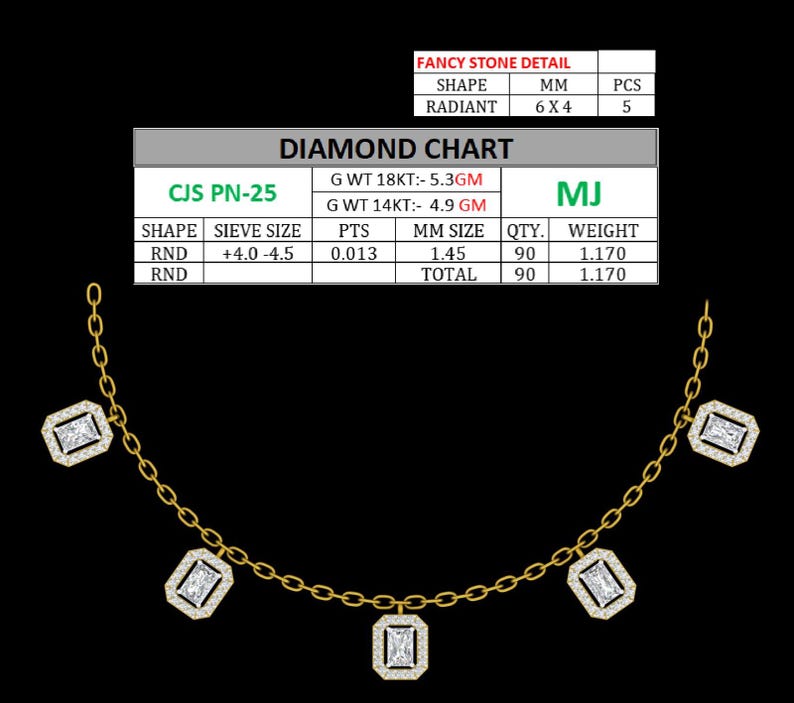 May include: A gold necklace with five radiant-cut diamond pendants. Each diamond is set in a rectangular frame. The necklace is displayed against a black background, with diamond chart details in the image.