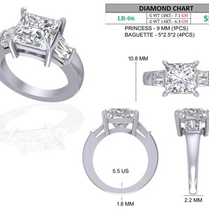 May include: A silver ring with a large square-cut diamond center stone and two baguette diamonds on each side. The ring has a princess cut 9 mm center stone and four 5x2.5 mm baguette diamonds. The ring size is 5.5 US.