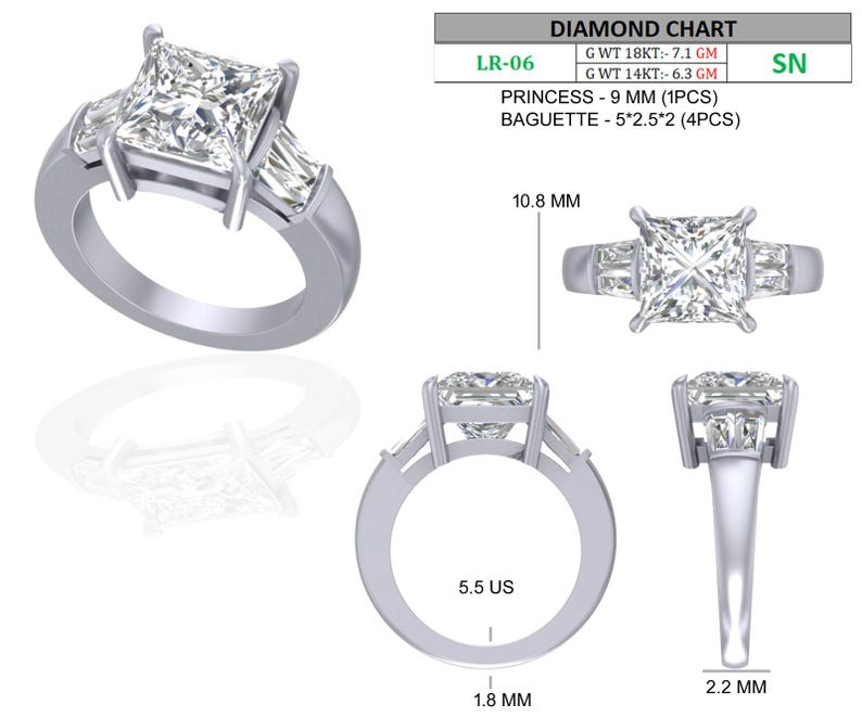 May include: A silver ring with a large square-cut diamond center stone and two baguette diamonds on each side. The ring has a princess cut 9 mm center stone and four 5x2.5 mm baguette diamonds. The ring size is 5.5 US.