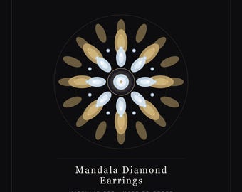 May include: A black graphic display featuring a central mandala pattern with gold and white oval shapes. Text reads: STELLAR CARATS, Mandala Diamond Earrings, MATCHING SET, MADE TO ORDER, 2.10ct EF VS-VVS, 9kt White Gold, Lab-Grown Diamond, IGI Certified, BIS Hallmarked, STELLARCARATS.COM.