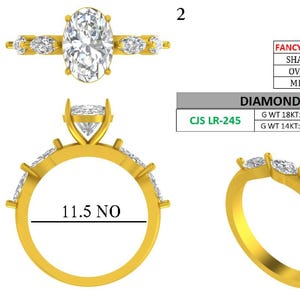 May include: A gold ring with an oval-cut diamond center stone and smaller marquise-cut diamonds. The ring's band is 2.1 mm wide, and the center stone measures 10.2 x 6.9 mm. The ring size is 11.5.