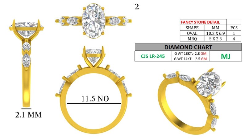 May include: A gold ring with an oval-cut diamond center stone and smaller marquise-cut diamonds. The ring's band is 2.1 mm wide, and the center stone measures 10.2 x 6.9 mm. The ring size is 11.5.