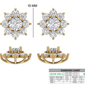 May include: A pair of gold-colored stud earrings, each featuring a central round diamond surrounded by smaller diamonds, forming a flower-like design. The earrings are approximately 15 mm in diameter.