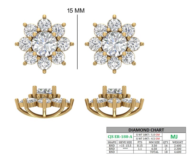 May include: A pair of gold-colored stud earrings, each featuring a central round diamond surrounded by smaller diamonds, forming a flower-like design. The earrings are approximately 15 mm in diameter.