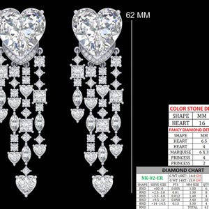 May include: Elegant diamond earrings featuring heart-shaped and other cut stones. The earrings have a total length of 62 mm. The design includes heart, princess, and marquise-cut diamonds, creating a luxurious and eye-catching accessory.