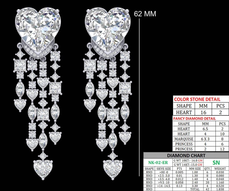 May include: Elegant diamond earrings featuring heart-shaped and other cut stones. The earrings have a total length of 62 mm. The design includes heart, princess, and marquise-cut diamonds, creating a luxurious and eye-catching accessory.