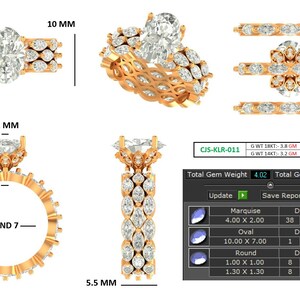 May include: A detailed view of a gold ring with an oval-cut diamond center stone, surrounded by smaller diamonds. The ring is shown from multiple angles, with measurements in millimeters and a gem weight report. The ring's design includes marquise and round diamonds.