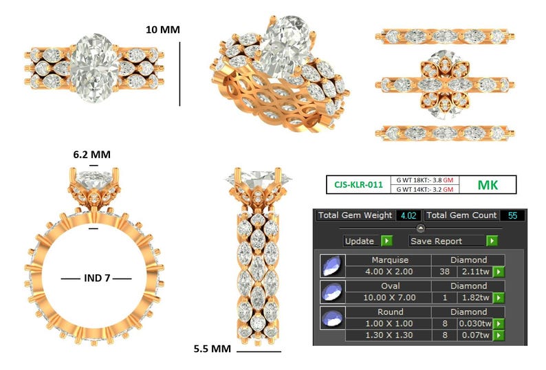 May include: A detailed view of a gold ring with an oval-cut diamond center stone, surrounded by smaller diamonds. The ring is shown from multiple angles, with measurements in millimeters and a gem weight report. The ring's design includes marquise and round diamonds.