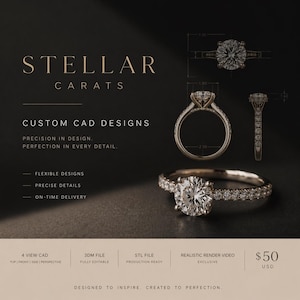 May include: An advertisement for custom CAD designs for rings. The image features a diamond ring with a large, round center stone and smaller stones on the band. Text includes "STELLAR CARATS" and "CUSTOM CAD DESIGNS".