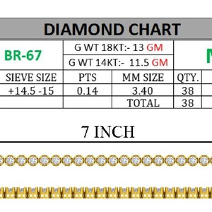 May include: A gold-colored tennis bracelet with round, clear gemstones. The bracelet is 7 inches long and features a clasp closure. A diamond chart is displayed above the bracelet, with details about the gemstones.