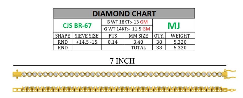 May include: A gold-colored tennis bracelet with round, clear gemstones. The bracelet is 7 inches long and features a clasp closure. A diamond chart is displayed above the bracelet, with details about the gemstones.