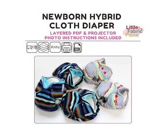 May include: Newborn hybrid cloth diaper pattern with layered PDF and projector photo instructions. Includes four diapers in two designs: one with blue, black, and rainbow stripes, and one with grey and white stripes with colourful accents.