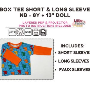 May include: A digital pattern for a box tee shirt for a 13 inch doll. The pattern includes short, long, and faux sleeves. The pattern is layered and includes photo instructions. The pattern is for sizes newborn to 8 years.