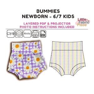 May include: A digital download pattern for making baby and toddler bloomers. The pattern includes layered PDF files and projector files. The pattern features a purple and white gingham print with white daisies.