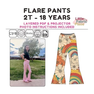 May include: A digital download pattern for flare pants with a rainbow and flower print. The pattern is available in sizes 2T to 18 years. The pattern includes layered PDF and projector files, as well as photo instructions. The image shows a girl wearing a pair of pink flare pants and a black shirt.