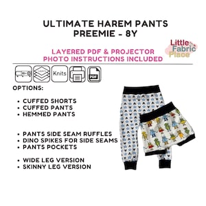 Pantalones y shorts de harén Ultimate para bebés Proyector para niños Patrón de costura digital en PDF Pantalones con dobladillo o dobladillo para bebés prematuros a 8 años