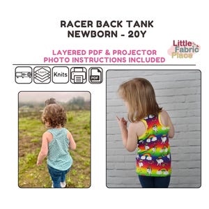 May include: A digital download pattern for a racerback tank top for newborns to 20 years old. The pattern includes layered PDF and projector files with photo instructions. The image shows a child wearing a rainbow tank top with a unicorn print.