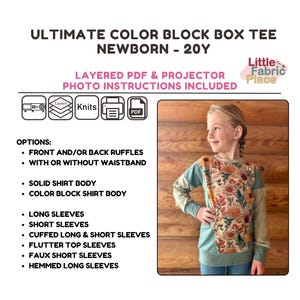 May include: A digital download pattern for a color block box tee for newborns to 20 year olds. The pattern includes layered PDF and projector photo instructions. The image shows a child wearing a teal and floral print tee.