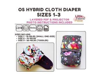 May include: OS Hybrid Cloth Diaper pattern for sizes 1-3, including layered PDF and projector files. Features a white diaper with rainbow and cloud print, and a dark grey diaper with colourful cloud and star print, with weight ranges 12-45lbs.